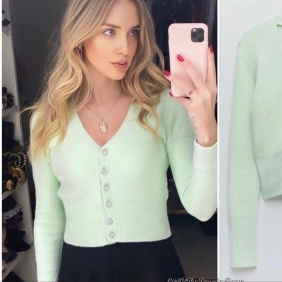 Zara Light Green Rhinestone Jewel Button Down Cardigan Sweater - Picture 4 of 10